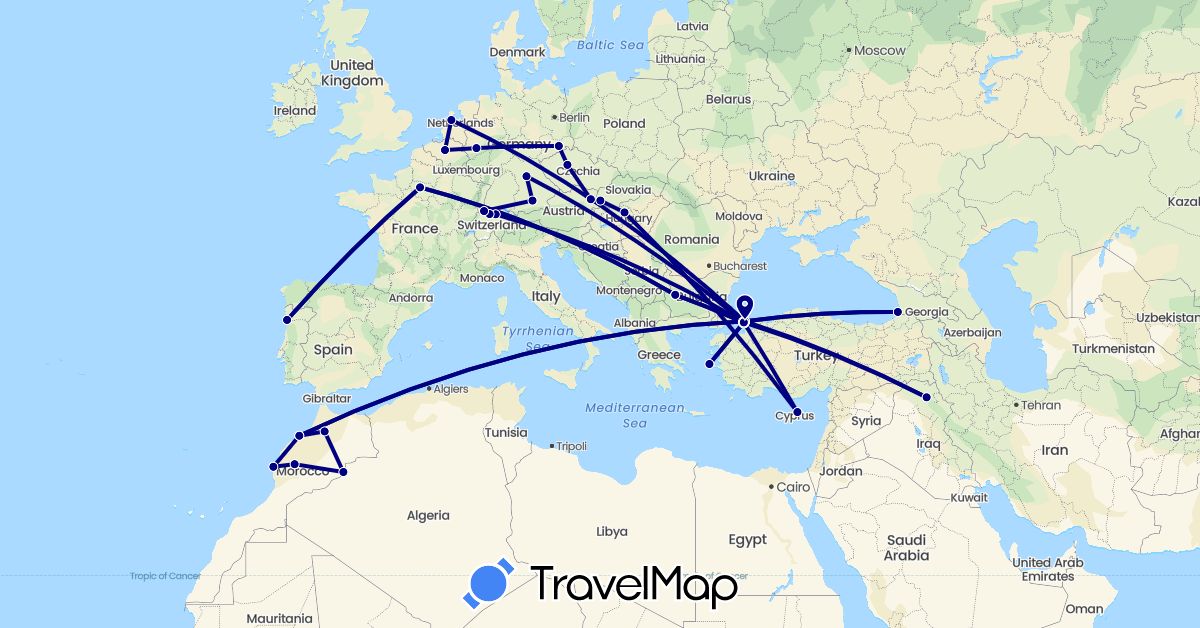 TravelMap itinerary: driving in Austria, Belgium, Bulgaria, Switzerland, Cyprus, Czech Republic, Germany, France, Georgia, Greece, Hungary, Iraq, Morocco, Netherlands, Portugal, Slovakia, Turkey (Africa, Asia, Europe)